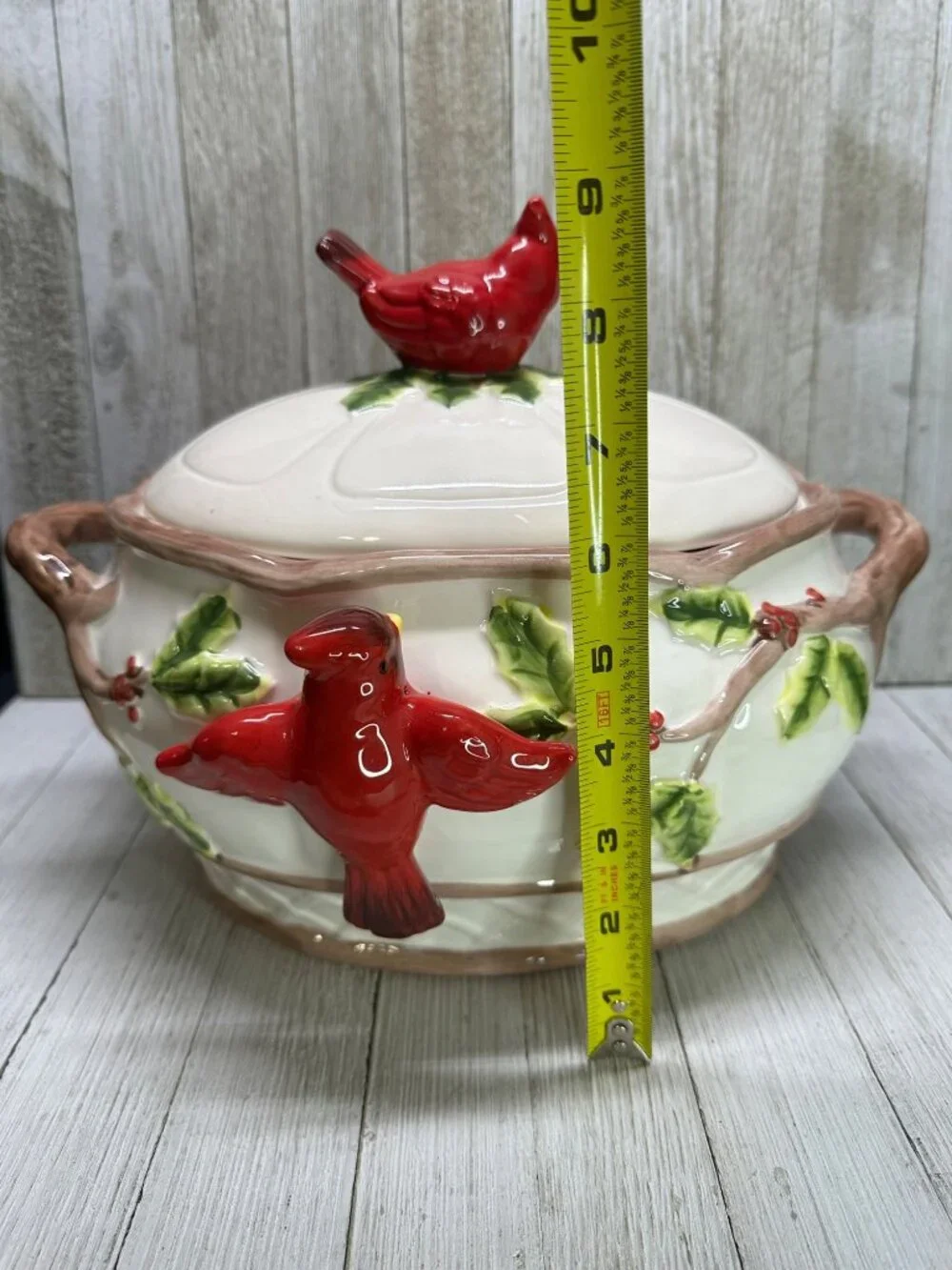 Vtg Cardinal & Berries Holly Serving Bowl Dish Holiday Decor Ceramic 11.5